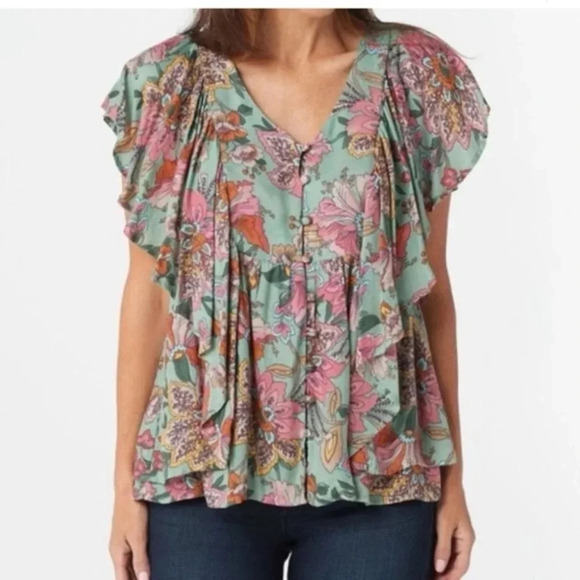 Haute Hippie Tribe Modal Floral Flutter Sleeve Boho Floral Top - Picture 1 of 7